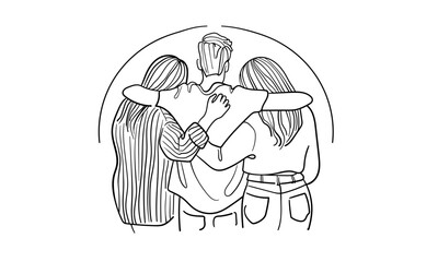 3 friends hugging continuous line art drawing isolated on white background. 3 people in the back. Vector illustration	