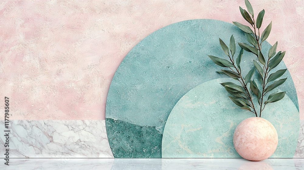 Poster a vase with a plant sits on a table near a round object with a twig protruding from it