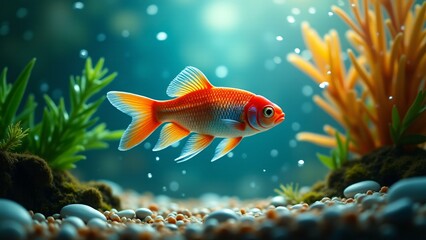 A vibrant fish swimming in a colorful aquarium, surrounded by aquatic plants and shimmering scales. This peaceful scene highlights the beauty of aquatic pets, making it perfect for National Pet Day.