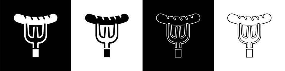 Set Sausage on the fork icon isolated on black and white background. Grilled sausage and aroma sign. Vector