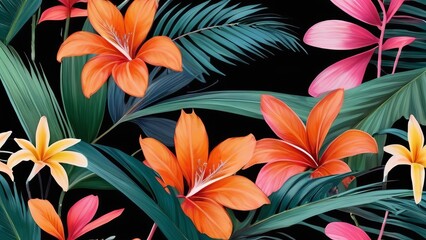  Tropical leaves and flowers on black background