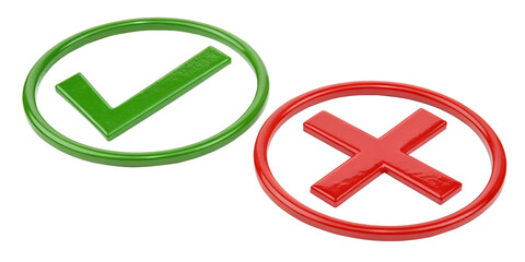 Yes and No Symbols - Simple Circle Icons Set 3D, Minimal Check and Cross Icons for User Interface Design
