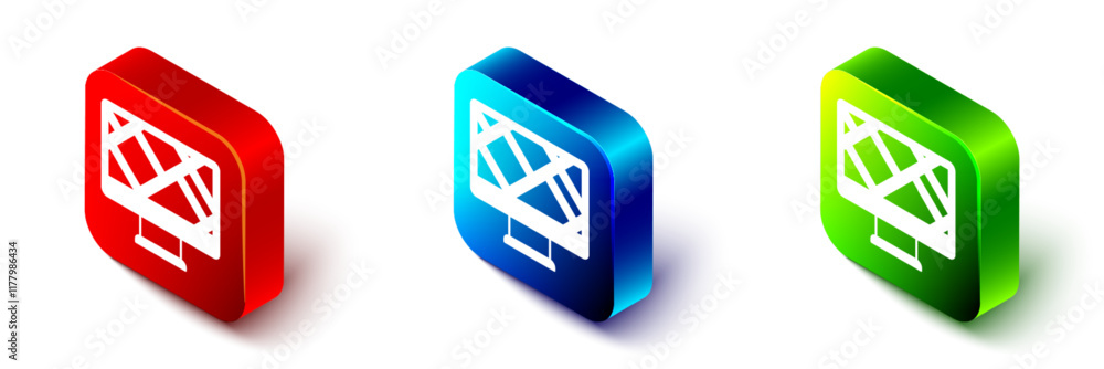 Poster isometric computer monitor and folded map with location marker icon isolated on white background. re