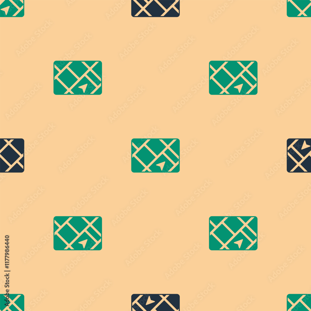 Poster green and black gps device with map icon isolated seamless pattern on beige background. vector