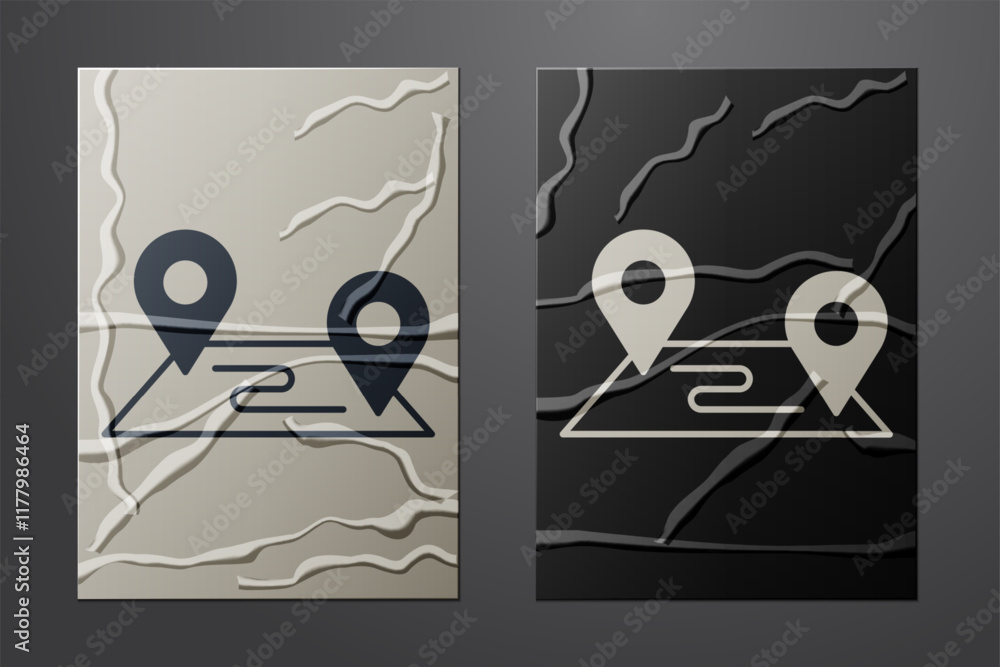 Poster white route location icon isolated on crumpled paper background. map pointer sign. concept of path o