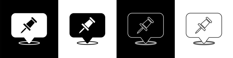 Set Push pin icon isolated on black and white background. Thumbtacks sign. Vector