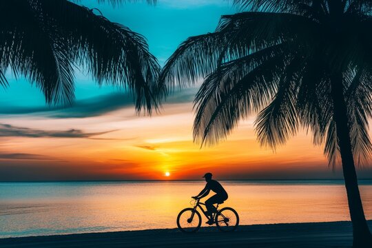 Silhouette of a cyclist on a beach at sunset with palm tree shadows   evening leisure activity - Powered by Adobe