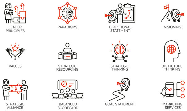 Vector Set of Linear Icons Related to Leadership Principles, Skills, Traits, Strategy. Visioning and Thinking. Mono line pictograms and infographics design elements