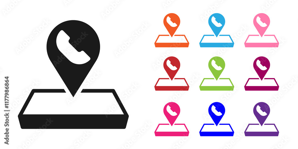 Poster black map pointer with telephone or communication icon isolated on white background. call center loc