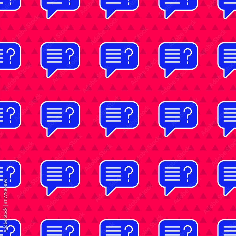 Poster blue unknown search icon isolated seamless pattern on red background. magnifying glass and question 