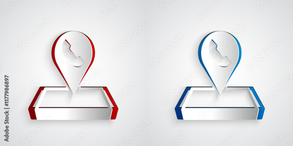 Poster paper cut map pointer with telephone or communication icon isolated on grey background. call center 
