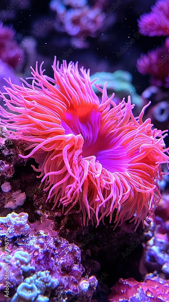Poster a zoomed-in image of a pink sea anemone resting on a coral with numerous sea anemones visible in the