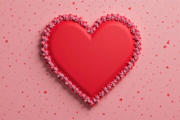 A large red heart is placed in the center of a soft pink background, decorated with small hearts all around. This creates a romantic and sweet atmosphere for Valentine's Day