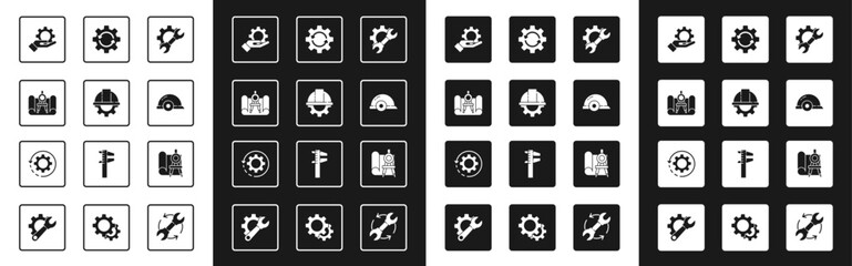 Set Wrench spanner and gear, Worker safety helmet, Graphing paper compass, Settings the hand, Gear arrows workflow, and icon. Vector