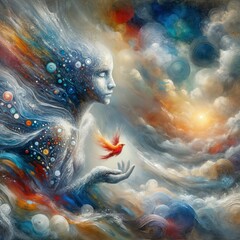 Fototapeta premium A mystical entity adorned with swirling patterns extends a hand towards a red bird, set against a backdrop of swirling clouds and a bright celestial glow, inviting a sense of and serenity. Gen, A.I.