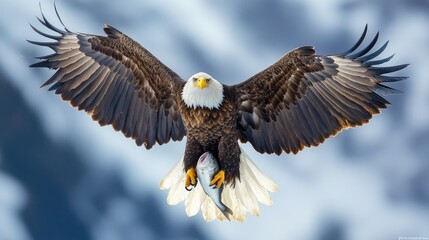 Fototapeta premium Majestic Bald Eagle in Flight with Fish Prey: A Symbol of Power and Precision