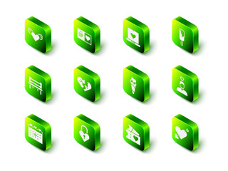 Set Valentines day party flyer, Dating app online, Ice cream, Couple love, Amour with heart and arrow, waffle cone, Love ticket and Castle the shape of icon. Vector