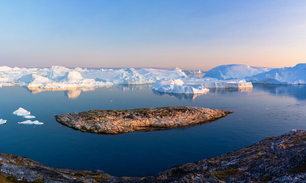 Panoramic View Of Ilulissat Icefjord At Sunset  