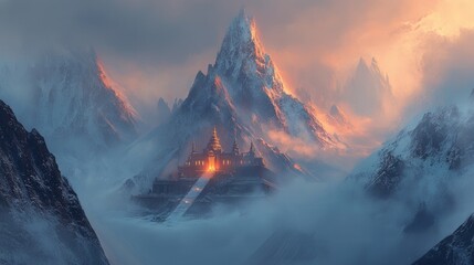 Majestic Mountain Temple Surrounded by Mist and Snowy Peaks