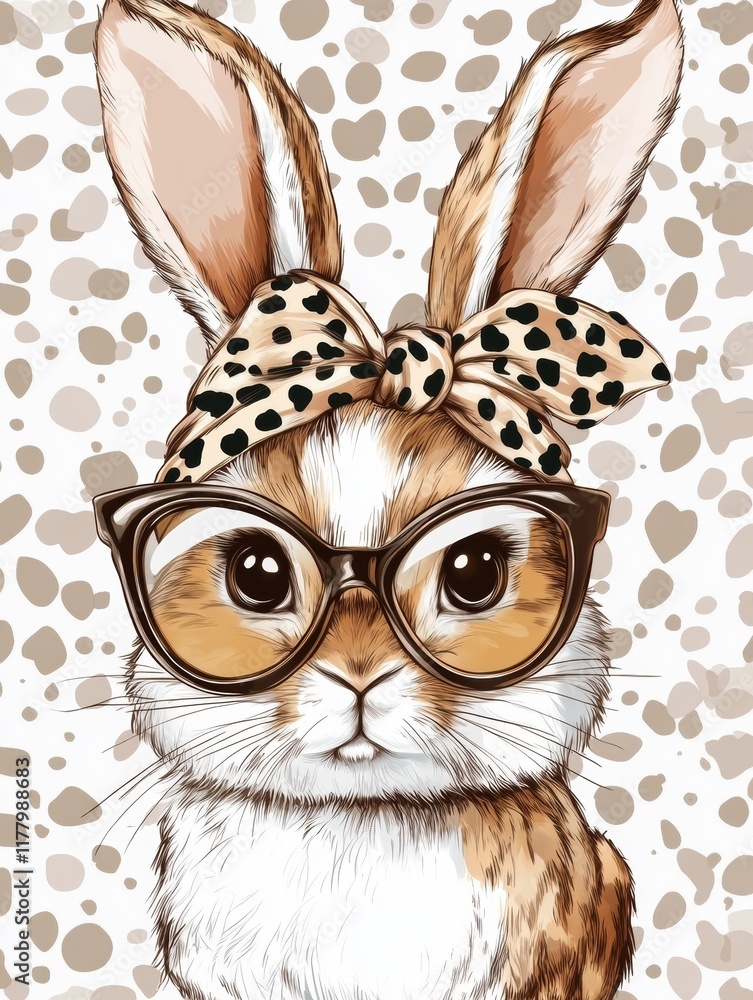Aufkleber cute bunny with leopard print glasses and headband on leopard pattern background - vector art for fa