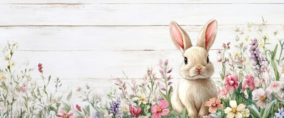 Obraz premium Cute Bunny Surrounded by Spring Flowers on Distressed Wood Background, Detailed Painting