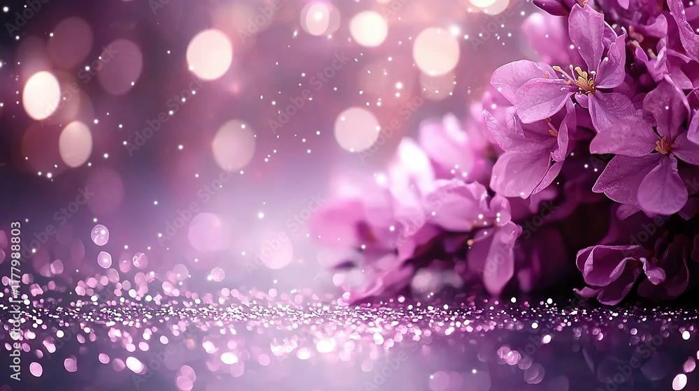 Poster a close-up of a bouquet of flowers with a hazy background and bokeh lights in the backdrop