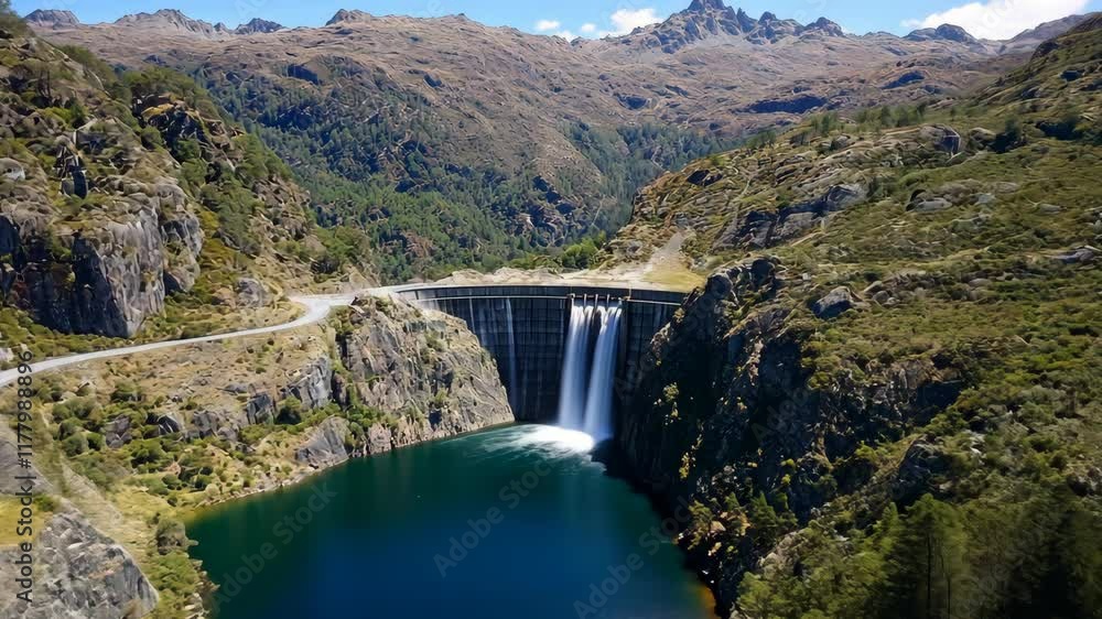 Poster scenic view of a waterfall cascading into a serene lake surrounded by mountains in a remote area