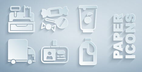 Set Identification badge, Yogurt container, Delivery cargo truck, Bottle for cleaning agent, Candy and Cash register machine icon. Vector