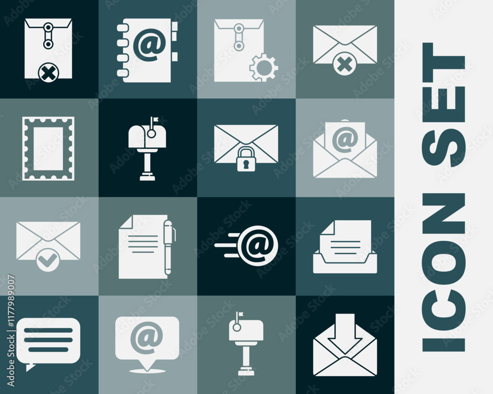 Poster set envelope, drawer with document, mail and e-mail, setting, box, postal stamp, delete envelope and