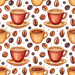 Obraz premium Seamless Watercolor Illustration of Coffee: Perfect for Cafe Branding, Packaging, and Cozy Design Projects.