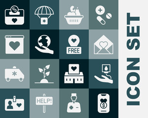 Set Donation and charity, Blood donation, Envelope with Valentine heart, food box, Hand holding Earth globe, Dating app online, and Location icon. Vector