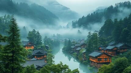 Misty Mountain Village River Houses Scenic View