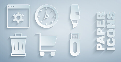 Set Shopping cart, Marker pen, Trash can, USB flash drive, Clock and Browser setting icon. Vector