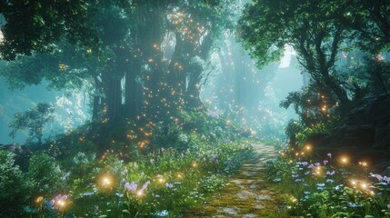 Obraz premium Enchanted Forest Pathway with Glowing Lights and Vibrant Flowers