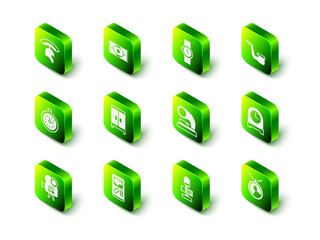 Set Classic carpet, Wrist watch, Smoking pipe, Antique clock, Locket on necklace, Old gramophone, Microphone and Portable video game console icon. Vector