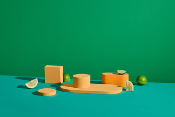 Colorful Geometric Shapes With Citrus Fruits on Green Background