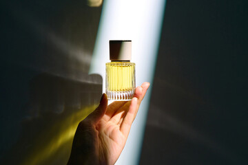 Elegant Perfume Bottle Held in Gentle Light