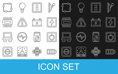 Set line Battery charge level indicator, Electric light switch, Lightning bolt, Exclamation mark triangle, Processor with microcircuits CPU, scheme and Car battery icon. Vector