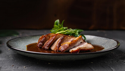 Char siu pork with herbs and sauce in ceramic plate. Tasty food. Chinese cuisine. Delicious dish.