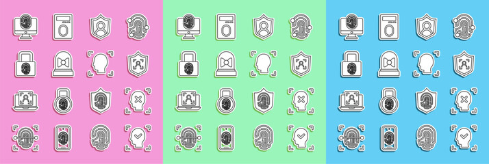 Set line Face recognition, Rejection face, Shield, User protection, Motion sensor, Fingerprint with lock, Monitor fingerprint and icon. Vector