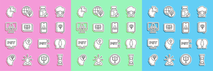Set line Old hourglass, Bipolar disorder, Psychology book, Psi, Sedative pills, Rorschach test, Psychologist online, Solution to the problem and icon. Vector