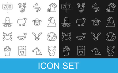 Set line Hippo or Hippopotamus, Owl bird, Eagle head, Snake, Sheep, Octopus, Zoo park and icon. Vector