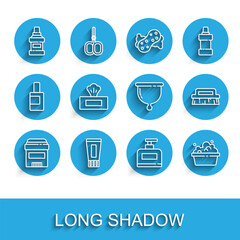 Set line Antiperspirant deodorant roll, Tube of toothpaste, Mouthwash bottle, Bottle shampoo, Basin with soap suds, Wet wipe pack, Brush for cleaning and Menstrual cup icon. Vector