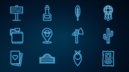 Set line Wanted western poster, Cactus, Indian feather, Location cowboy, Canteen water bottle, Road traffic signpost, Tomahawk axe and Tabasco sauce icon. Vector