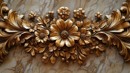Golden Floral Carving on Marble Background: A Luxurious Baroque Design