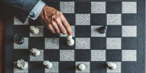 Businessman moving chess piece on a chess board game, top view