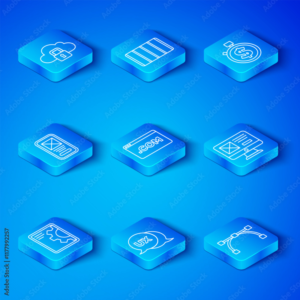 Poster set line web development, ui or ux design, time is money, cloud computing lock and bezier curve icon