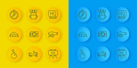 Set line Bomb ready to explode, Military medical tent, Dynamite and timer clock, mine, Cannon, Compass, headquarters and Hiking backpack icon. Vector