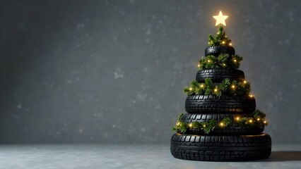 New Year tree made from car tires with garlands