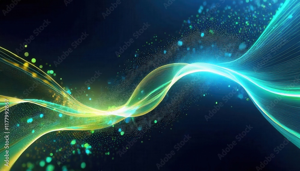 Poster Mesmerizing Blue and Yellow Flowing Light Waves with Particles in Motion. Abstract Energy Stream for Futuristic Design Concepts